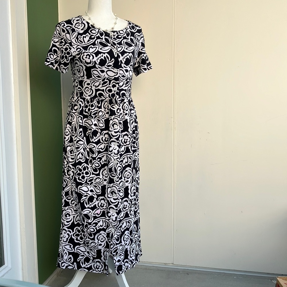 Vintage 90s Black and White Floral Maxi Dress with Flower Buttons